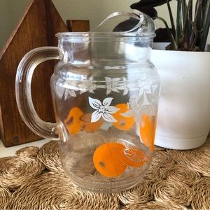 Orange and Daffodil Federal Glass Vintage Pitcher Ice Lip 6.5”x4” Ribbed Handle